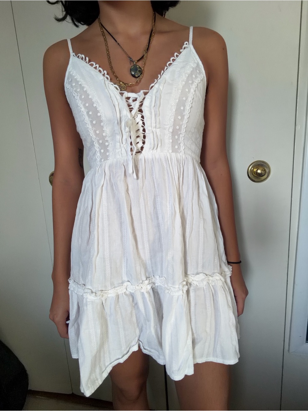 White Lace-Up Spaghetti Strap Sundress